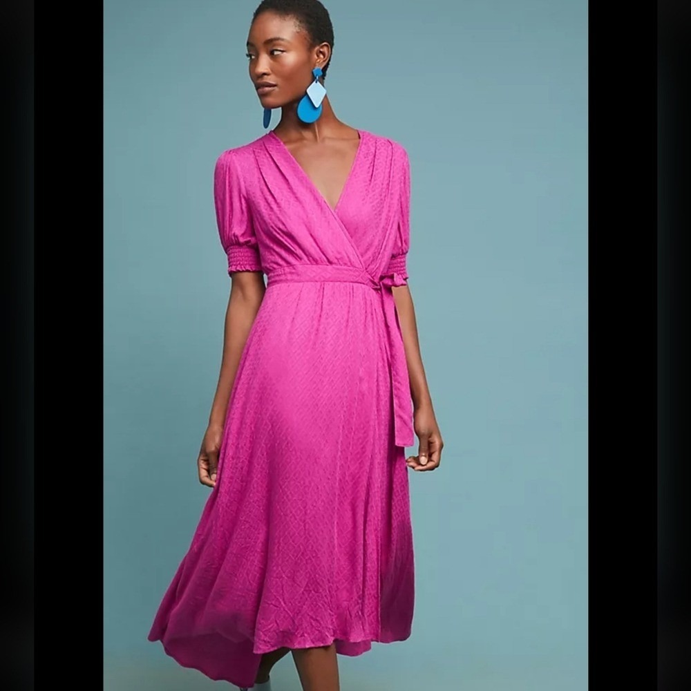 Maeve Anthropologie Women‎ 2  Puff Sleeve Hi-Low Wrap Dress Milkmaid Cottagecore